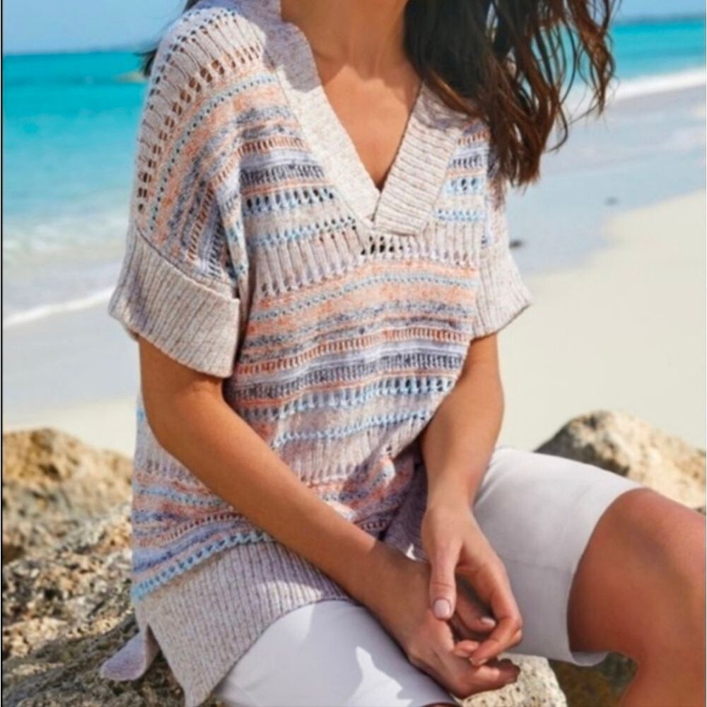 Soft Surroundings Oatmeal Multicolor V-Neck Open Weave Emery Tunic Sweater L